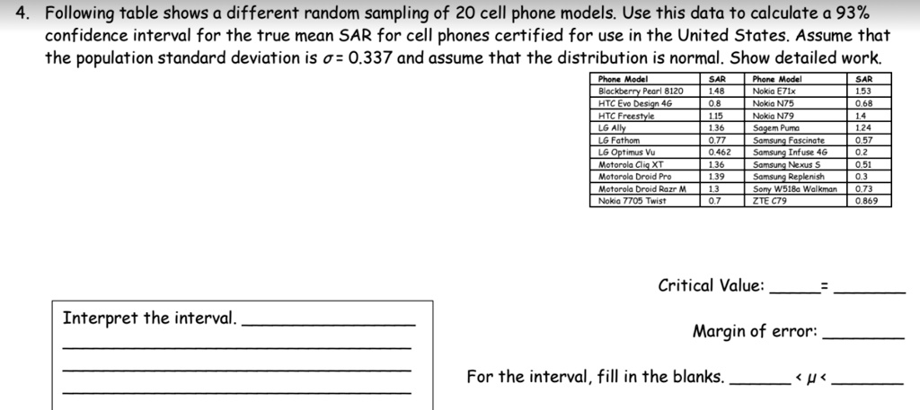 SOLVED: Following table shows a different random sampling of 20 cell ...