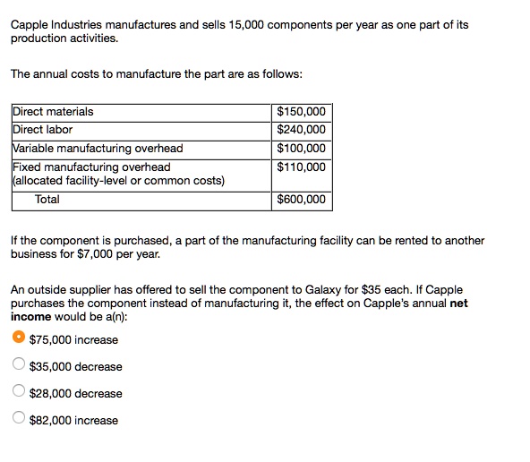 Capple Industries manufactures and sells 15,000 components per year as one part of its
production activities.
The annual costs to manufacture the part are as follows:
Direct materials
150,000
Direct labor240,000
Variable manufacturing overhead
100,000
Fixed manufacturing overhead110,000
(allocated facility-level or common costs)
Total
600,000
If the component is purchased, a part of the manufacturing facility can be rented to another
business for7,000 per year.
An outside supplier has offered to sell the component to Galaxy for 35 each. If Capple
purchases the component instead of manufacturing it, the effect on Capple's annual net
income would be a(n):75,000 increase
35,000 decrease28,000 decrease
82,000 increase