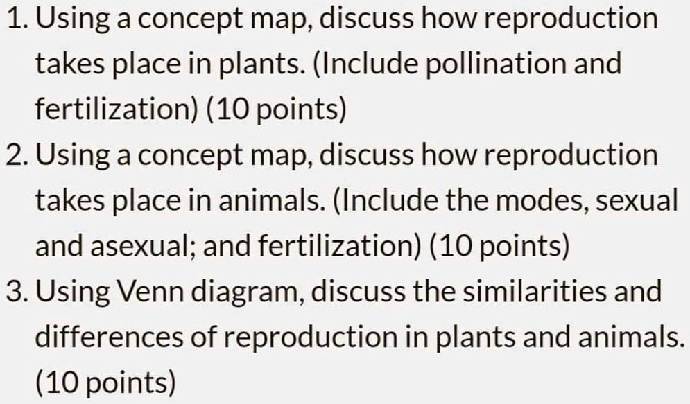 SOLVED: 1. Using a concept map, discuss how reproduction takes place in  plants (Include pollination and fertilization) (10 points) 2. Using a  concept map, discuss how reproduction takes place in animals. (Include