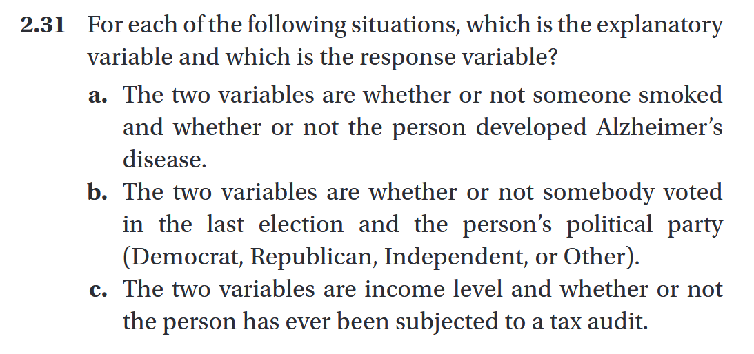 2.31 For each of the following situations, which is the explanatory variable and which is the response variable?
a. The two variables are whether or not someone smoked and whether or not the person developed Alzheimer's disease.
b. The two variables are whether or not somebody voted in the last election and the person's political party (Democrat, Republican, Independent, or Other).
c. The two variables are income level and whether or not the person has ever been subjected to a tax audit.