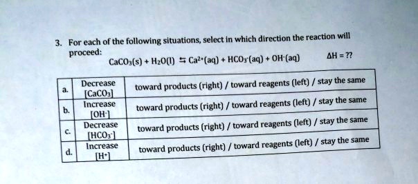 3. For each of the following situations, select in which direction the reaction will
proceed:
CaCO3(s) + H2O(l) ⇌ Ca^2+(aq) + HCO3^-(aq) + OH^-(aq)
Δ H = ??


Decrease
a.
[CaCO3]
toward products (right) / toward reagents (left) / stay the same
Increase
b.
[OH^-]
toward products (right) / toward reagents (left) / stay the same
Decrease
c.
[HCO3^-]
toward products (right) / toward reagents (left) / stay the same
Increase
d.
[H^+]
toward products (right) / toward reagents (left) / stay the same