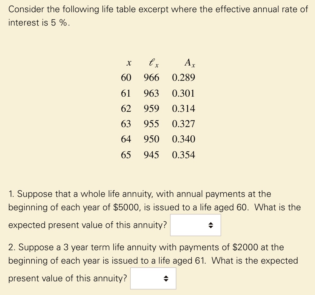 Consider the following life table excerpt where the effective annual rate of interest is 5 % .

x    ?x    Ax
60   966   0.289
61   963   0.301
62   959   0.314
63   955   0.327
64   950   0.340
65   945   0.354

1. Suppose that a whole life annuity, with annual payments at the beginning of each year of 5000, is issued to a life aged 60. What is the expected present value of this annuity?
2. Suppose a 3 year term life annuity with payments of2000 at the beginning of each year is issued to a life aged 61. What is the expected present value of this annuity?