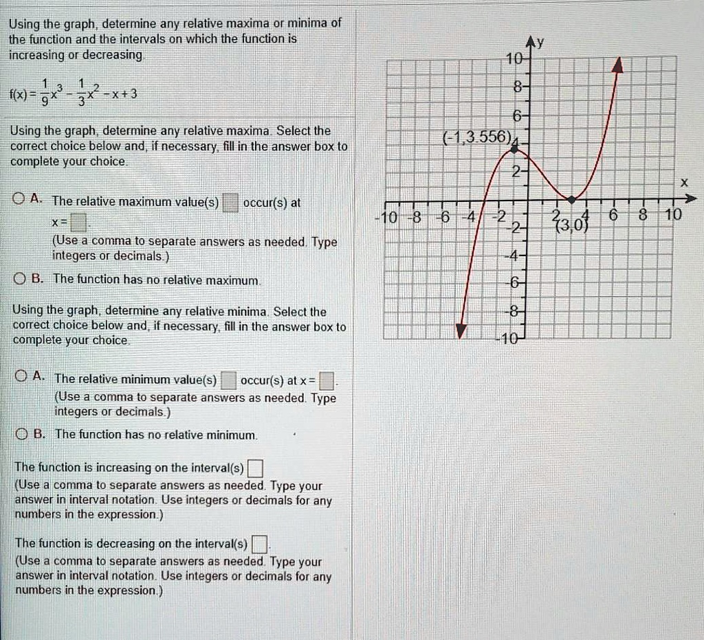 Using the graph, determine any relative maxima or minima of the function and the intervals on which the function is increasing or decreasing.

f(x) = 1/9x^3 - 1/3x^2 - x + 3

Using the graph, determine any relative maxima. Select the correct choice below and, if necessary, fill in the answer box to complete your choice.

A. The relative maximum value(s) occur(s) at x =
(Use a comma to separate answers as needed. Type integers or decimals.)
B. The function has no relative maximum.

Using the graph, determine any relative minima. Select the correct choice below and, if necessary, fill in the answer box to complete your choice.

A. The relative minimum value(s) occur(s) at x =
(Use a comma to separate answers as needed. Type integers or decimals.)
B. The function has no relative minimum.

The function is increasing on the interval(s)
(Use a comma to separate answers as needed. Type your answer in interval notation. Use integers or decimals for any numbers in the expression.)

The function is decreasing on the interval(s)
(Use a comma to separate answers as needed. Type your answer in interval notation. Use integers or decimals for any numbers in the expression.)