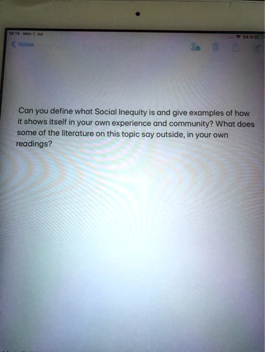 Can you define what Social Inequity is and give examples of how it shows itself in your own experience and community? What does some of the literature on this topic say outside, in your own readings?