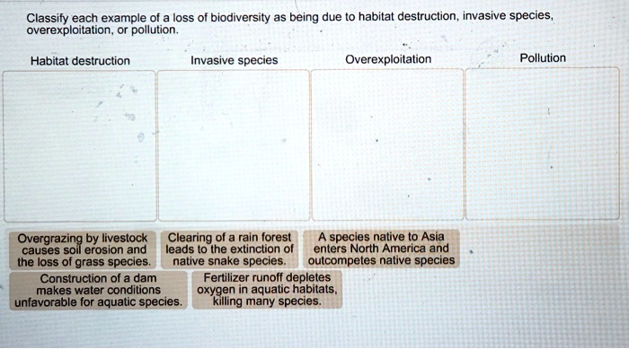 Classify each example of a loss of biodiversity as being due to habitat destruction, invasive species, overexploitation, or pollution.

Habitat destruction
Invasive species
Overexploitation
Pollution

Overgrazing by livestock causes soil erosion and the loss of grass species.
Clearing of a rain forest leads to the extinction of native snake species.
A species native to Asia enters North America and outcompetes native species
Construction of a dam makes water conditions unfavorable for aquatic species.
Fertilizer runoff depletes oxygen in aquatic habitats, killing many species.
