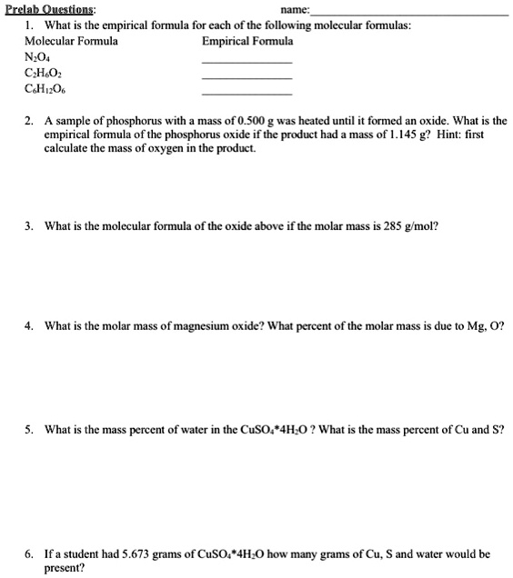 SOLVED: Prclah Qusstions: name : What is the empirical formula for cach ...