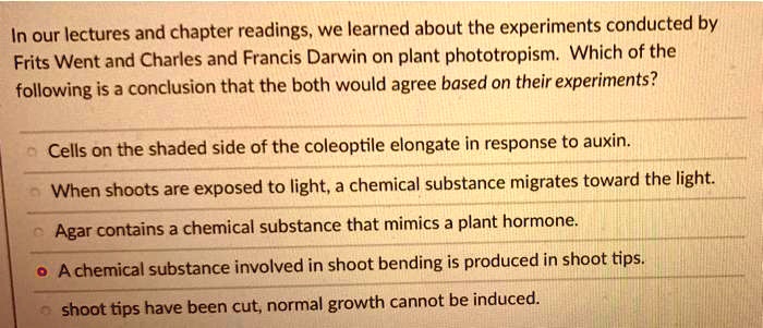 In our lectures and chapter readings, we learned about the experiments conducted by Frits Went and Charles and Francis Darwin on plant phototropism. Which of the following is a conclusion that the both would agree based on their experiments?

Cells on the shaded side of the coleoptile elongate in response to auxin.
When shoots are exposed to light, a chemical substance migrates toward the light.
Agar contains a chemical substance that mimics a plant hormone.
A chemical substance involved in shoot bending is produced in shoot tips.
shoot tips have been cut, normal growth cannot be induced.