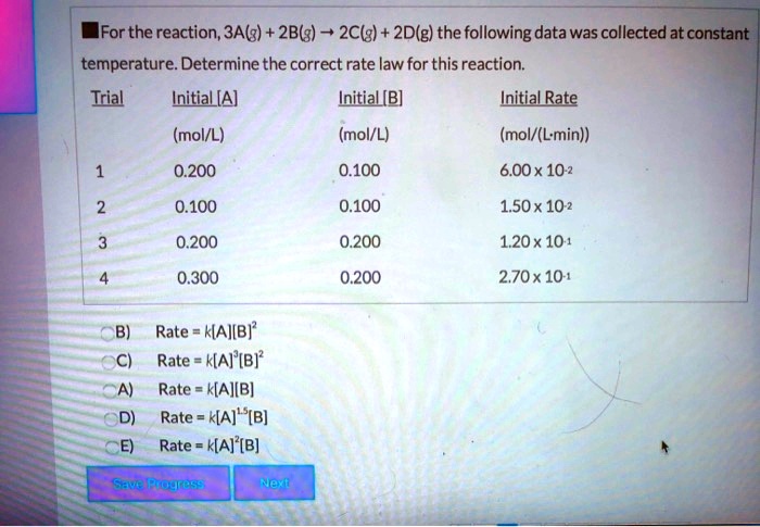 SOLVED: For the reaction, 3A(g) + 2B(g) → 2C(g) - 2D(g), the ...