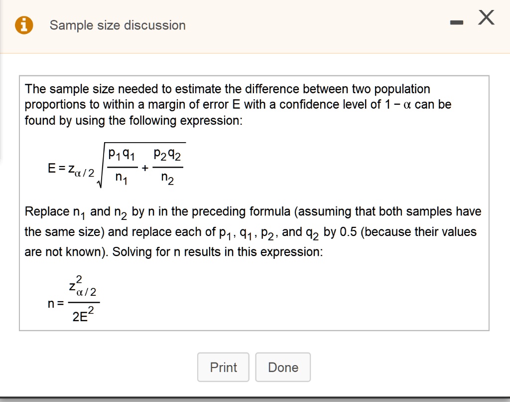 Solved Sample Size Discussion The Sample Size Needed To Estimate The Difference Between Two Population Proportions To Within A Margin Of Error E With A Confidence Level Of 1 Can Be