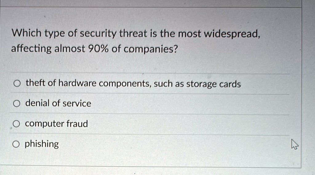 which type of security threat is the most widespread affecting almost 90 of companies o theft of hardware components such as storage cards o denial of service o computer fraud o phishing 94645