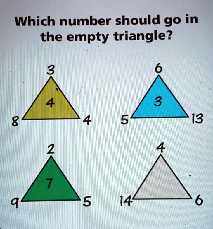 [GET ANSWER] Which number should go in the empty triangle? 3 6 4 3 8 4 ...