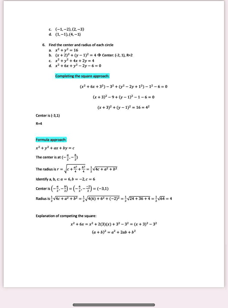 Solved 1 2 2 3 1 1 4 1 Find The Center And Radius Of Each Circle X2 Y2 16 X 2 2 Y 1 2 4 V Center 2 1 R 2 X Y2 4x