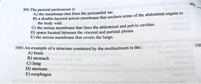 Solved: 99) The Parietal Peritoneum Is The Membrane That Lines The 