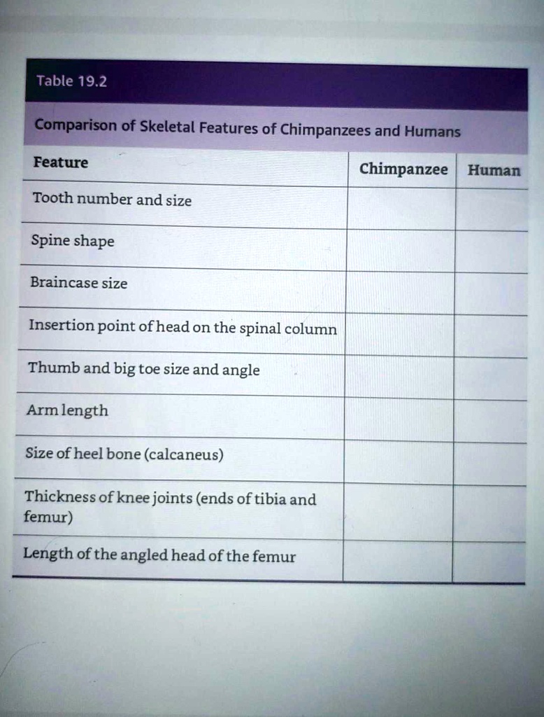 SOLVED:Table 19.2 Comparison of Skeletal Features of Chimpanzees and ...