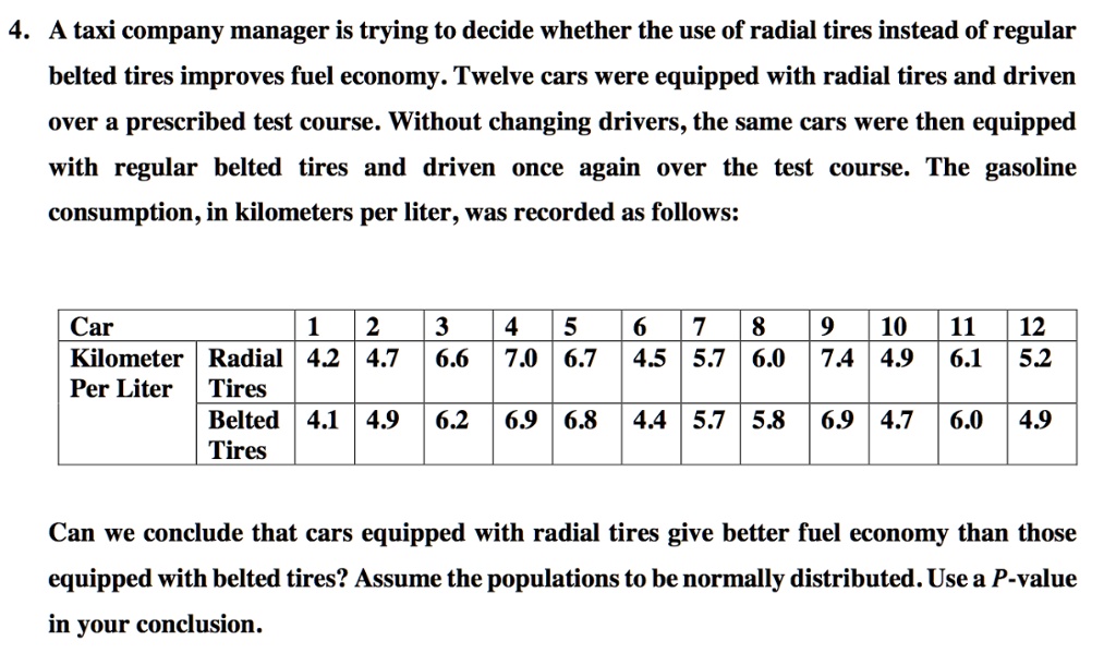 4. A taxi company manager is trying to decide whether the use of radial tires instead of regular
belted tires improves fuel economy. Twelve cars were equipped with radial tires and driven
over a prescribed test course. Without changing drivers, the same cars were then equipped
with regular belted tires and driven once again over the test course. The gasoline
consumption, in kilometers per liter, was recorded as follows:
Car
1	2	3	4	5	6	7	8	9	10	11	12
Kilometer	Radial	4.2	4.7	6.6	7.0	6.7	4.5	5.7	6.0	7.4	4.9	6.1	5.2
Per Liter	Tires
Belted	4.1	4.9	6.2	6.9	6.8	4.4	5.7	5.8	6.9	4.7	6.0	4.9
Tires
Can we conclude that cars equipped with radial tires give better fuel economy than those
equipped with belted tires? Assume the populations to be normally distributed. Use a P-value
in your conclusion.