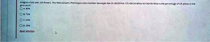 Imagine a field with 250 flowers. This field contains: Phenotype (color) Number Genotype Red 25 CR/CR Pink: 175 CR/CW white 50 CW/CW What is the percentage of CR alleles in the gene pool?
A. 80%
B. 75%
C. 45%
D. 25%
Reset Selection