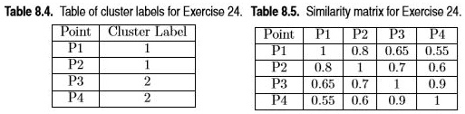 Table 8.4. Table of cluster labels for Exercise 24. Table 8.5. Similarity matrix for Exercise 24.
Point | Cluster Label
P1 | 1
P2 | 1
P3 | 2
P4 | 2

Point | P1 | P2 | P3 | P4
P1 | 1 | 0.8 | 0.65 | 0.55
P2 | 0.8 | 1 | 0.7 | 0.6
P3 | 0.65 | 0.7 | 1 | 0.9
P4 | 0.55 | 0.6 | 0.9 | 1