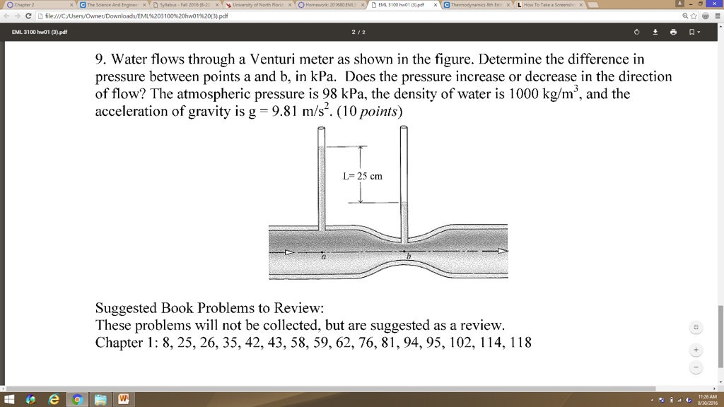 Water flows through a Venturi meter as shown in the figure. Determine