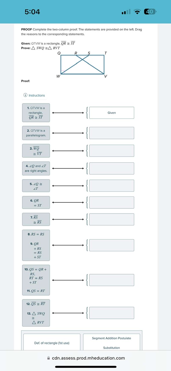SOLVED: 5:04 40 PROOF Complete the two-column proof. The statements are ...