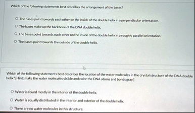which of the following statements best describes the arrangement of the bases o the bases point towards each other on the inside of the double helix in a perpendicular orientation o the base 48185