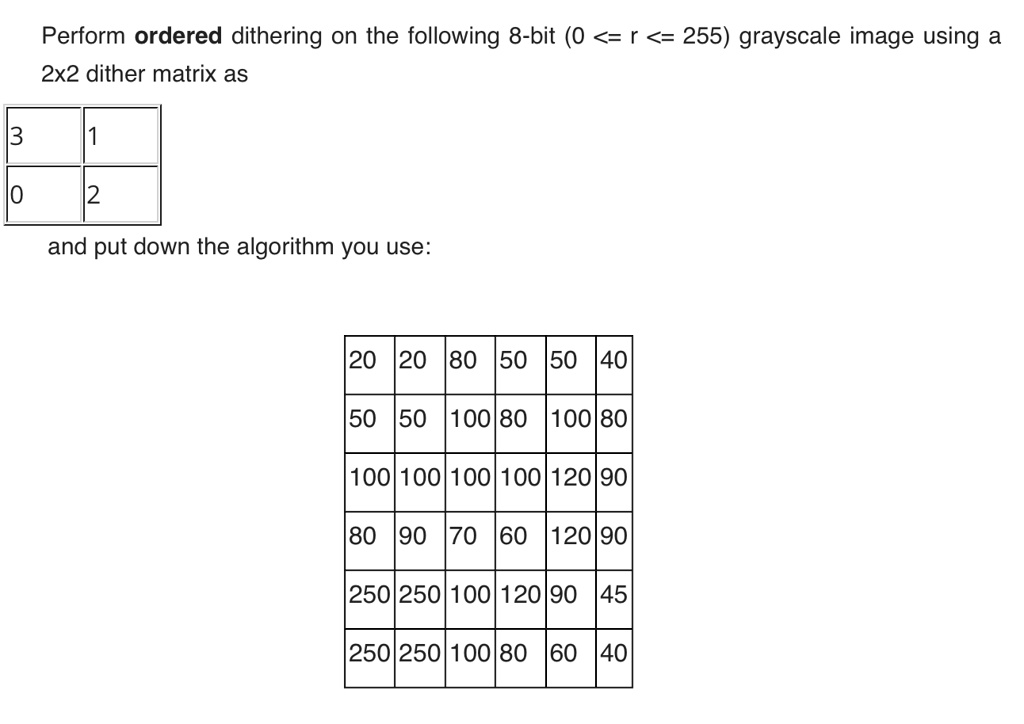 Dither Matrix Examples SOLVED: Perform ordered dithering on the following 8-bit (0