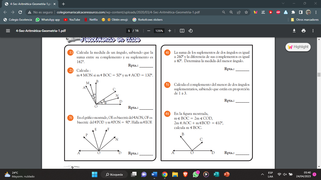 SOLVED Calcula la medida de un ángulo sabiendo que la suma entre su complemento y su