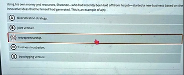 using his own money and resources shawneewho had recently been laid off from his jobstarted a new business based on the innovative ideas that he himself had generated this is an example of a 98772