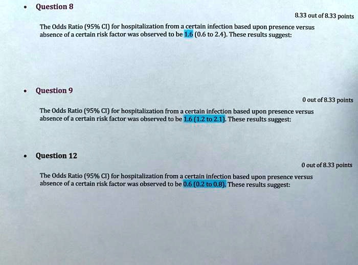 Solved Question 8 8 33 Out Of 8 33 Points The Odds Ratio 95 Ci For Hospitalization From Certain Infection Based Upon Presence Versus Absence Ofa Certain Risk Factor Was Observed To Be 1 6