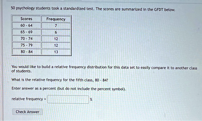 50 psychology students took a standardized test. The scores are summarized in the GFDT below.
Scores | Frequency
60 - 64 | 7
65 - 69 | 6
70 - 74 | 12
75 - 79 | 12
80 - 84 | 13
You would like to build a relative frequency distribution for this data set to easily compare it to another class of students.
What is the relative fequency for the fifth class, 80 - 84?
Enter answer as a percent (but do not include the percent symbol).
relative frequency = %