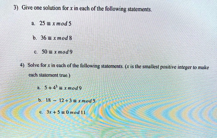 SOLVED: 3) Give one solution for x in each of the following