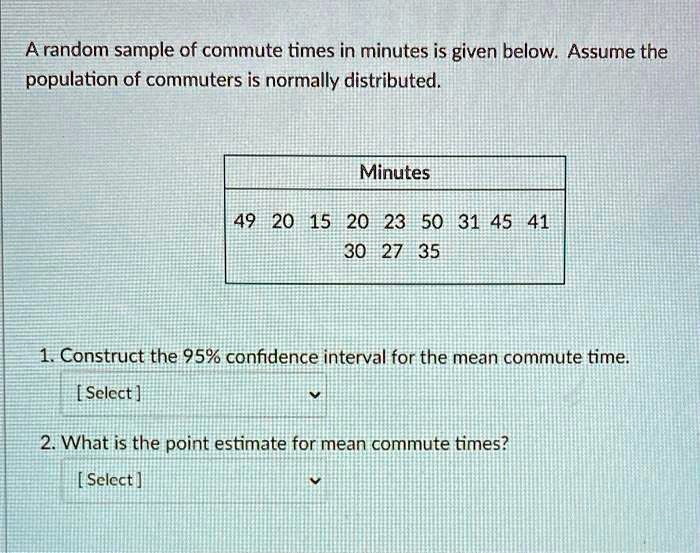 Solved A Random Sample Of Commute Times In Minutes Is Given Below Assume The Population Of Commuters Is Normally Distributed Minutes 49 15 23 50 31 45 41 30 27