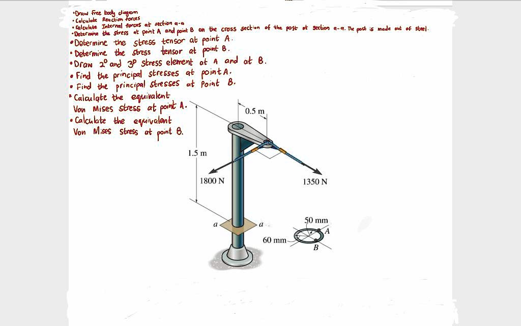 •Draw free body diagram
•Calculate Reaction forces
•Calculate Internal forces at section a-a
•Determine the stress at point A and point B on the cross section of the post at section a-a. The post is made out of steel.
•Determine the stress tensor at point A.
• Determine the stress tensor at point B.
•Draw 2D and 3D stress element at A and at B.
• Find the principal stresses at point A.
• Find the principal stresses at Point B.
•Calculate the equivalent
Von Mises stress at point A.
• Calculate the equivalent
Von Mises stress at point B.