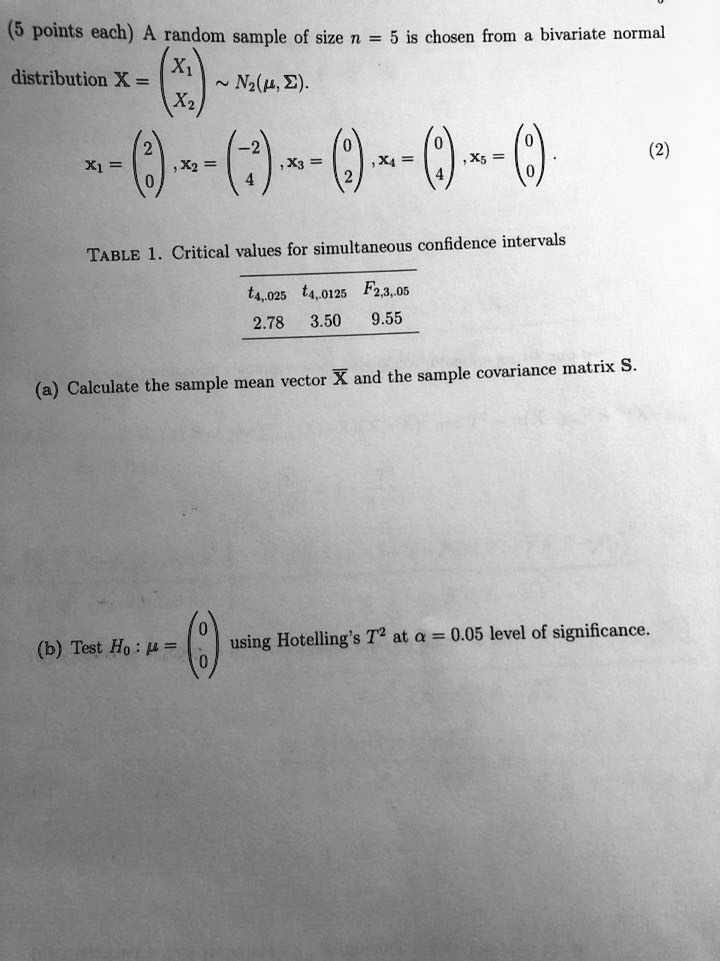 SOLVED: A random sample of size n = 5 is chosen from a bivariate normal ...