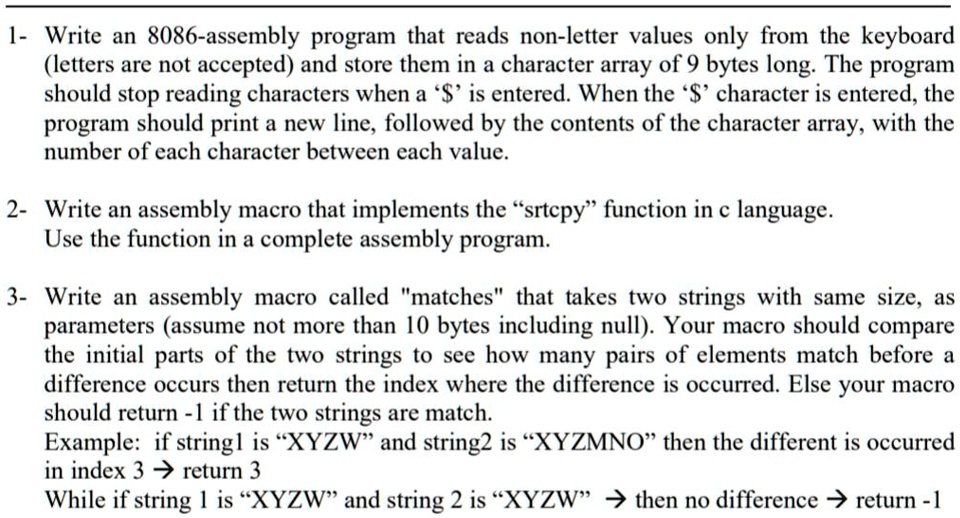 Write an 8086 assembly program that reads non-letter values only from ...