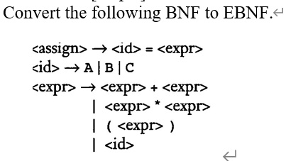 Convert the following BNF to EBNF.

<assign> ? <id> = <expr>
<id> ? A | B | C
<expr> ? <expr> + <expr>
| <expr> * <expr>
| ( <expr> )
| <id>