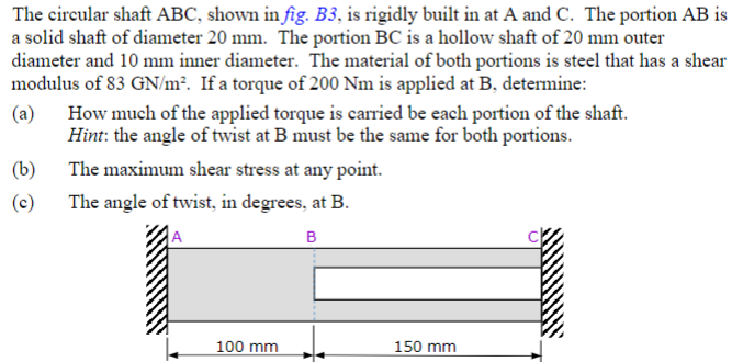 The circular shaft ABC, shown in fig. B3, is rigidly built in at A and ...