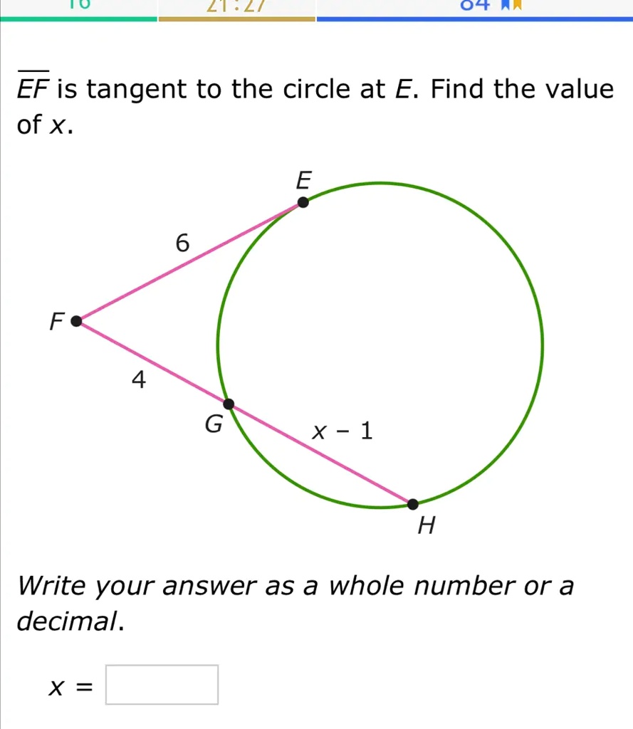 EF is tangent to the circle at E. Find the value of x.