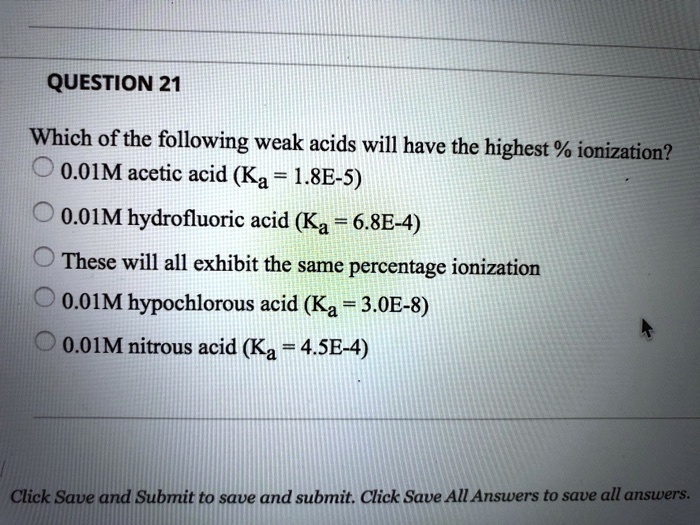 Solved Question 21 Which Of The Following Weak Acids Will Have The Highest Ionization 0 O1m