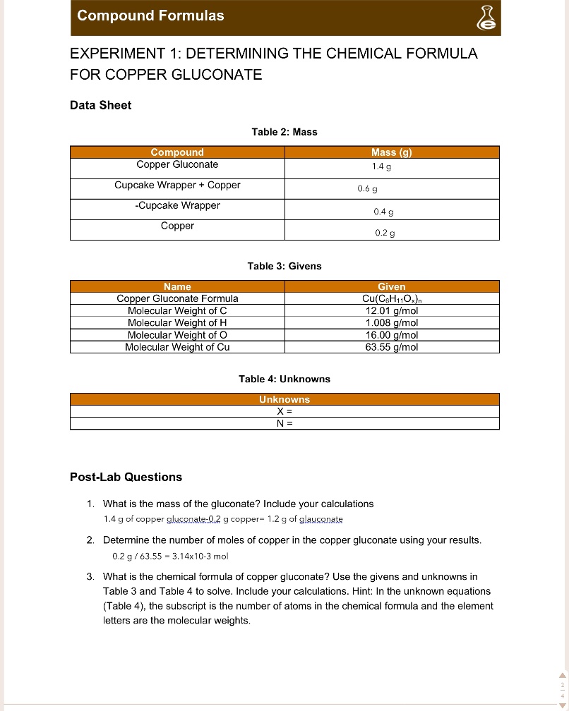 SOLVED Text Compound Formulas EXPERIMENT 1 DETERMINING THE CHEMICAL FORMULA FOR COPPER