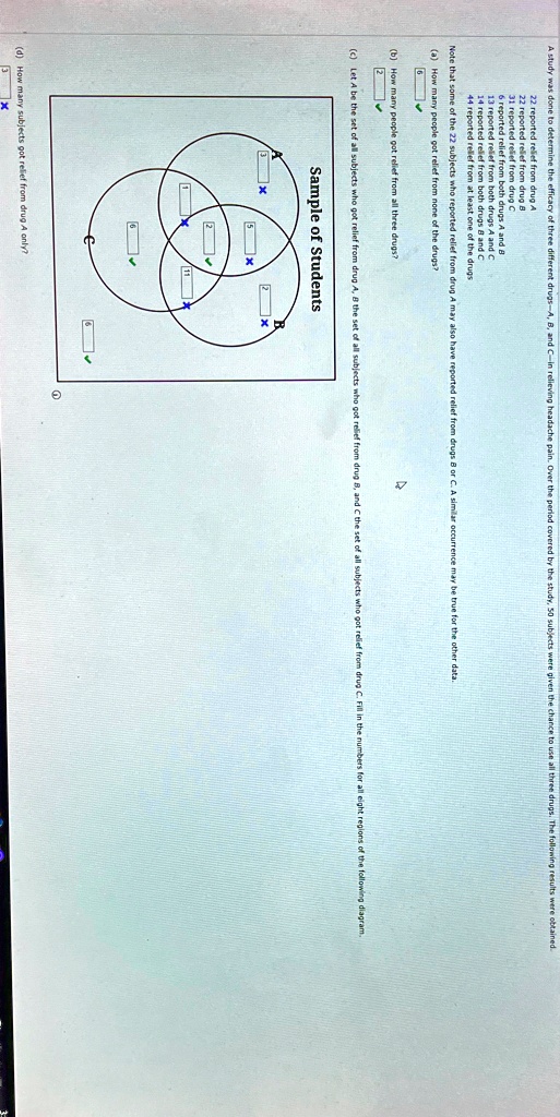 A study was done to determine the efficacy of three different drugs-A, B, and C-in relieving headache pain. Over the period covered by the study, 50 subjects were given the chance to use all three drugs. The following results were obtained:
22 reported relief from drug A
22 reported relief from drug B
31 reported relief from drug C
6 reported relief from both drugs A and B
13 reported relief from both drugs A and C
14 reported relief from both drugs B and C
44 reported relief from at least one of the drugs
Note that some of the 22 subjects who reported relief from drug A may also have reported relief from drugs B or C. A similar occurrence may be true for the other data.
(a) How many people got relief from none of the drugs?
(b) How many people got relief from all three drugs?
2
(c) Let A be the set of all subjects who got relief from drug A, B the set of all subjects who got relief from drug B, and C the set of all subjects who got relief from drug C. Fill in the numbers for all eight regions of the following diagram:
Sample of Students
(d) How many subjects got relief from drug A only?