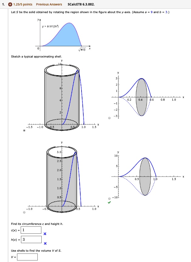 Solved 01 25 5 Polnts Previous Answers Scalcet8 6 3 002 Let Be The Solid Obtained By Rotating Ihe Region Snown The Iigure About The Y Axis Assume Jln Ot Sketch Typical Approximatino Sneil Circumierence And Height