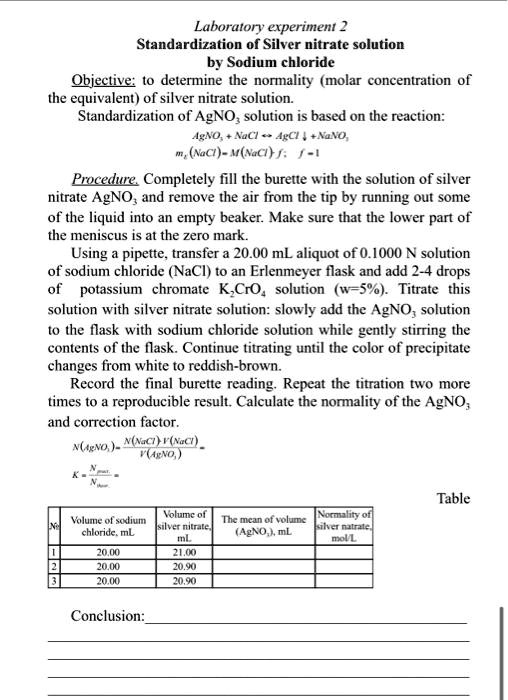 Solved Laboratory Experiment 2 Standardization Of Silver Nitrate Solution By Sodium Chloride 8814