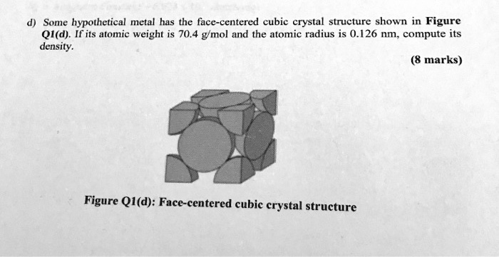 d) Some hypothetical metal has the face-centered cubic crystal structure shown in Figure Q1(d). If its atomic weight is 70.4 g/mol and the atomic radius is 0.126 nm, compute its density.
(8 marks)
Figure Q1(d): Face-centered cubic crystal structure