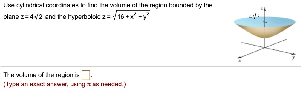 Solved Use Cylindrical Coordinates To Find The Volume Of The Region Bounded By The Plane Z 412 And The Hyperboloid Z 16 X Y2 The Volume Of The Region Is Type An Exact Answer