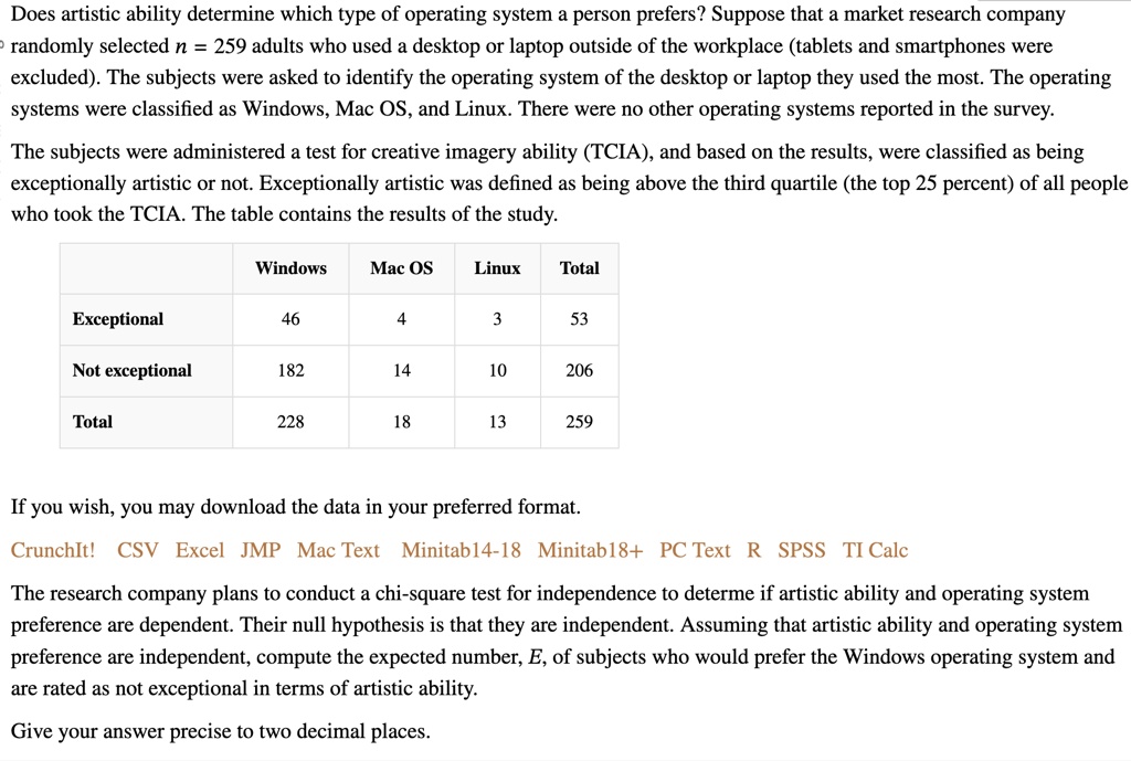 Does artistic ability determine which type of operating system a person prefers? Suppose that a market research company randomly selected n = 259 adults who used a desktop or laptop outside of the workplace (tablets and smartphones were excluded). The subjects were asked to identify the operating system of the desktop or laptop they used the most. The operating systems were classified as Windows, Mac OS, and Linux. There were no other operating systems reported in the survey.
The subjects were administered a test for creative imagery ability (TCIA), and based on the results, were classified as being exceptionally artistic or not. Exceptionally artistic was defined as being above the third quartile (the top 25 percent) of all people who took the TCIA. The table contains the results of the study.

    Windows     Mac OS     Linux     Total 

Exceptional     46     4     3     53 

Not exceptional     182     14     10     206 

Total     228     18     13     259 


If you wish, you may download the data in your preferred format.
CrunchIt! CSV Excel JMP Mac Text Minitab14-18 Minitab18+ PC Text R SPSS TI Calc
The research company plans to conduct a chi-square test for independence to determe if artistic ability and operating system preference are dependent. Their null hypothesis is that they are independent. Assuming that artistic ability and operating system preference are independent, compute the expected number, E, of subjects who would prefer the Windows operating system and are rated as not exceptional in terms of artistic ability.
Give your answer precise to two decimal places.