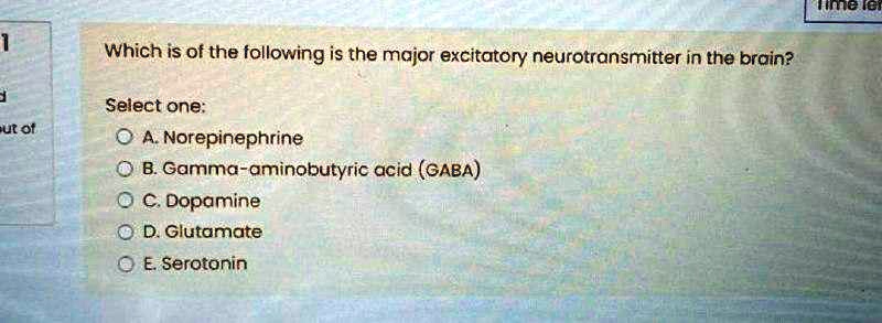 Which is of the following is the major excitatory neurotransmitter in the brain?
Select one:
A. Norepinephrine
B. Gamma-aminobutyric acid (GABA)
C. Dopamine
D. Glutamate
E. Serotonin