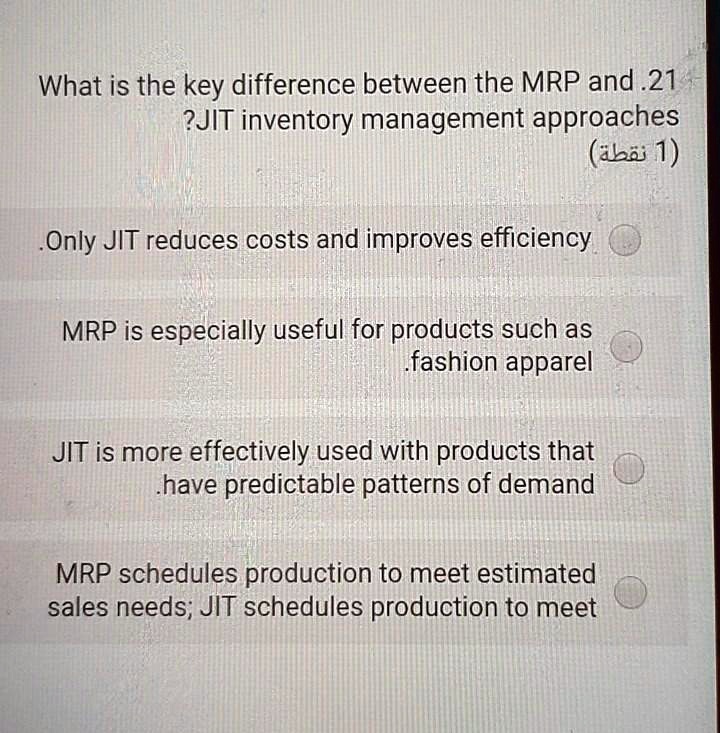 SOLVED What is the key difference between the MRP and JIT inventory management approaches? Only