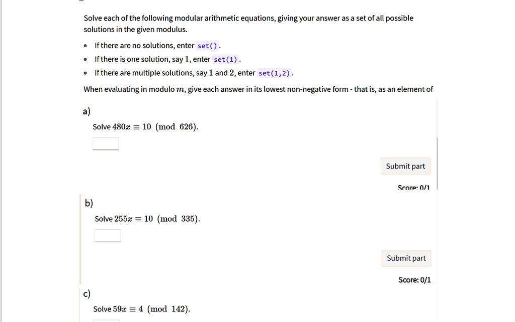 Solve each of the following modular arithmetic equations, giving your ...