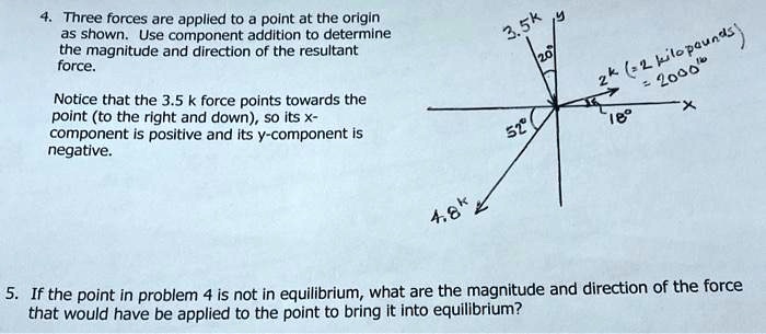 Adding Component Forces 4. Three forces are applied to a point at the origin as shown. Use ...