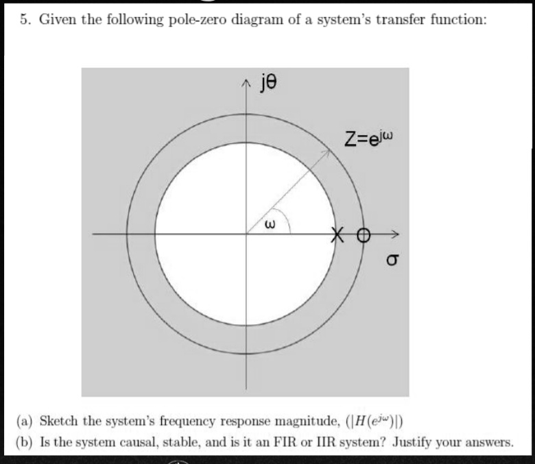 5. Given the following pole-zero diagram of a system's transfer function:
je
Z=e^jω
ωOX
σ(a) Sketch the system's frequency response magnitude, (|H(e^jω)|)
(b) Is the system causal, stable, and is it an FIR or IIR system? Justify your answers.